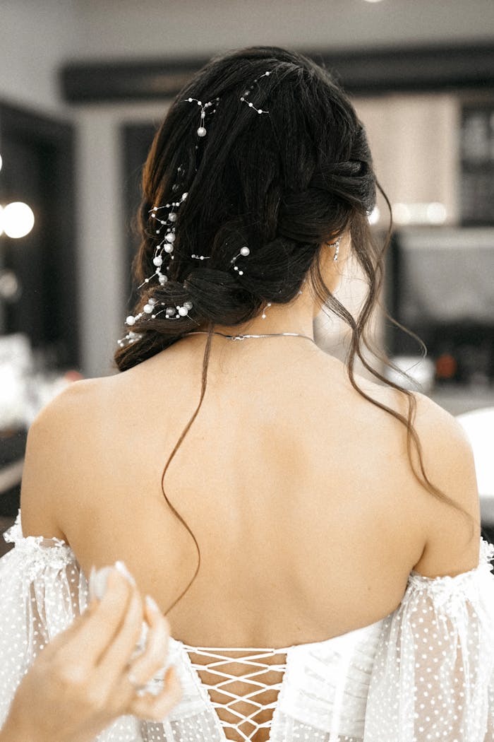 services-03 Rear view of a bride's elegant hairstyle adorned with floral accessories, perfect for wedding inspiration.